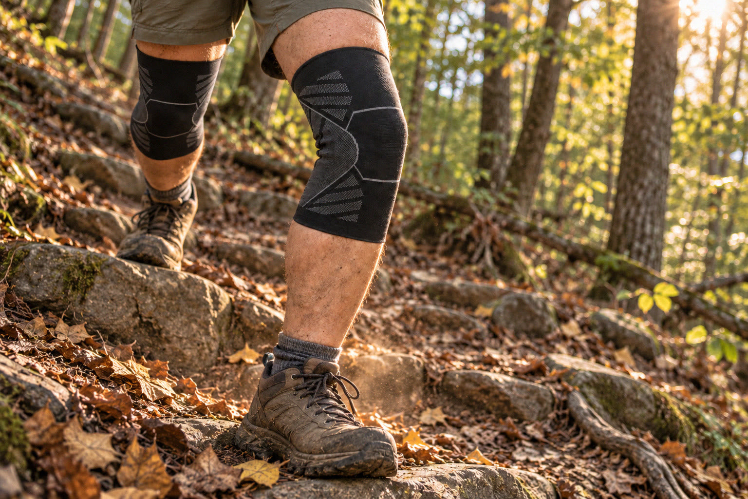 A hiker steps down a rocky forest trail wearing a knee sleeve on each knee